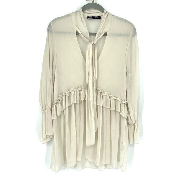 Zara Light Tan Blouse Tie Neck Size Small - Picture 7 of 7